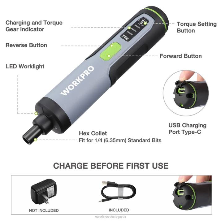 Електрическа отвертка 4v, комплект акумулаторни акумулаторни винтоверти с led светлина L4XH232 полезен WORKPRO инструмент