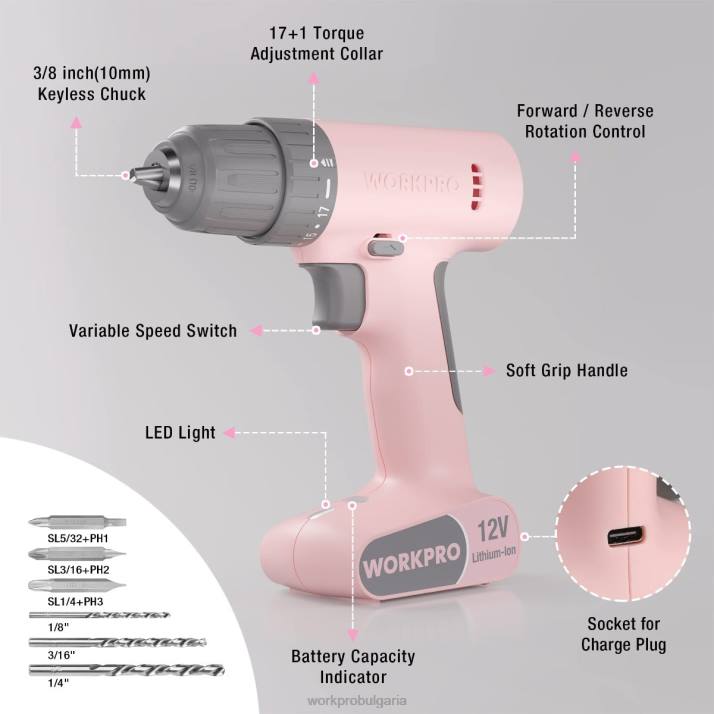 12v акумулаторна бормашина, комплект с 6 накрайника, 3/8-инчов бързозатягащ патронник, променлива скорост, настройка на 18 touque L4XH175 розово/бяло WORKPRO инструмент