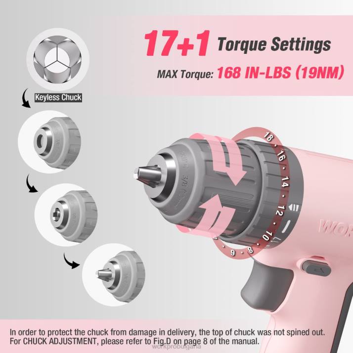 12v акумулаторна бормашина, комплект с 6 накрайника, 3/8-инчов бързозатягащ патронник, променлива скорост, настройка на 18 touque L4XH175 розово/бяло WORKPRO инструмент