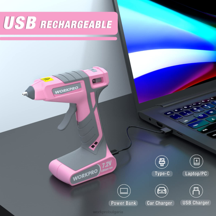 7.2v комплект безжични пистолети за горещо лепило L4XH164 розово/бяло WORKPRO инструмент